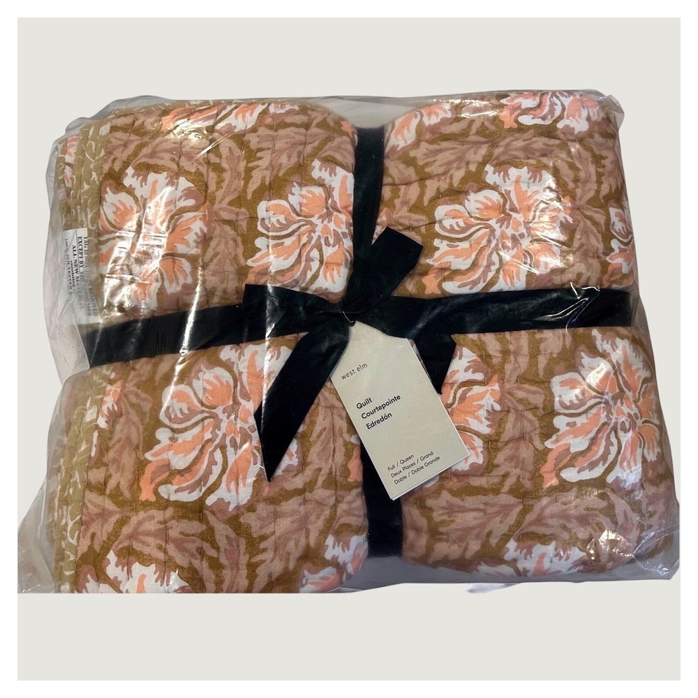 West Elm Floral Block Print Quilt Full Queen & 2 Standard Shams Terracotta Peach